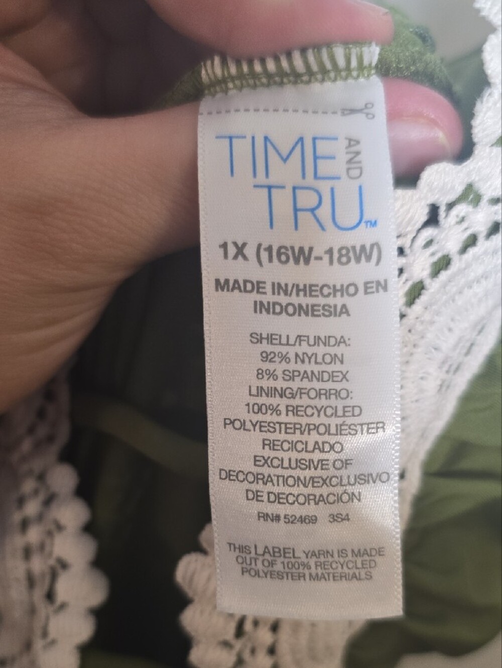 Time And Tru Never Worn 1X Olive Green One-Piece Swimsuit with Cream Lace Trim - Picture 2 of 3
